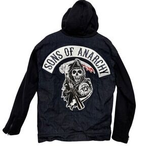 Sons of Anarchy Biker Denim Hoodie Jacket Reaper Patch Mens Medium Black Blue